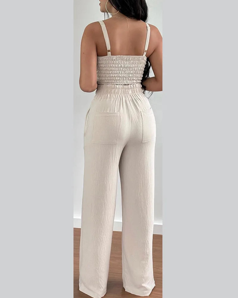 2 Piece Outfits For Women Sexy V-Neck Strap Shirred Slim Crop Top & Lace-up Wide Leg Pants Sets Elegant Office Lady Suit