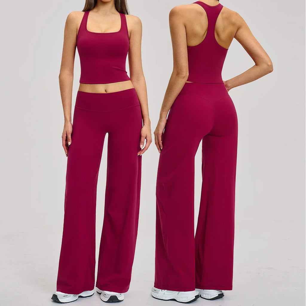 2 Piece Yoga Clothes Women Tracksuit Athletic Wear Pilates Fitness Suit Gym Workout Sets Push Up Sports Vest Wide Leg Pant Suit