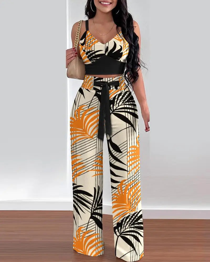 2 Piece Outfits For Women Sexy V-Neck Strap Shirred Slim Crop Top & Lace-up Wide Leg Pants Sets Elegant Office Lady Suit