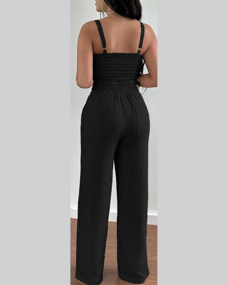 2 Piece Outfits For Women Sexy V-Neck Strap Shirred Slim Crop Top & Lace-up Wide Leg Pants Sets Elegant Office Lady Suit