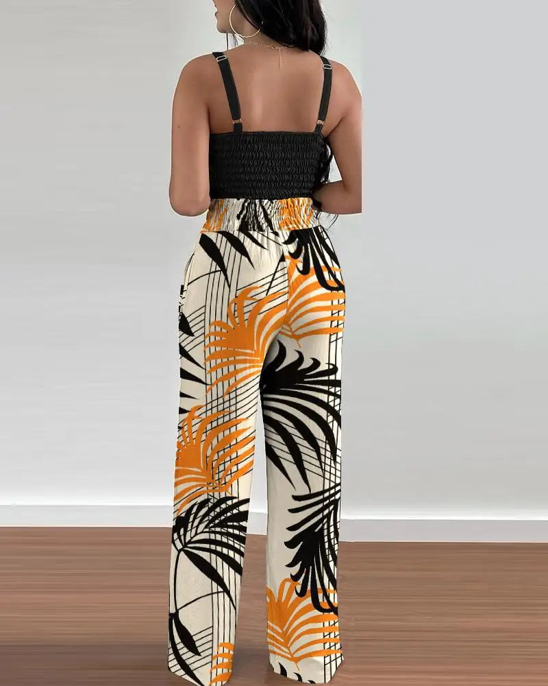 2 Piece Outfits For Women Sexy V-Neck Strap Shirred Slim Crop Top & Lace-up Wide Leg Pants Sets Elegant Office Lady Suit