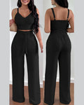 2 Piece Outfits For Women Sexy V-Neck Strap Shirred Slim Crop Top & Lace-up Wide Leg Pants Sets Elegant Office Lady Suit