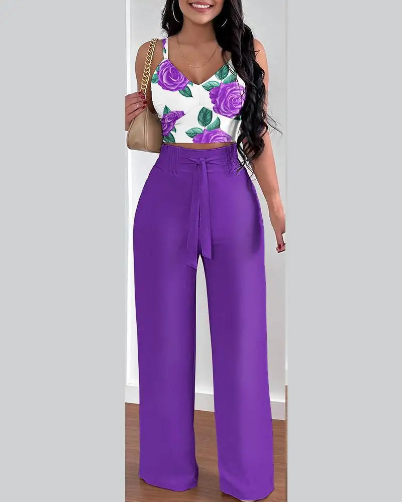 2 Piece Outfits For Women Sexy V-Neck Strap Shirred Slim Crop Top & Lace-up Wide Leg Pants Sets Elegant Office Lady Suit