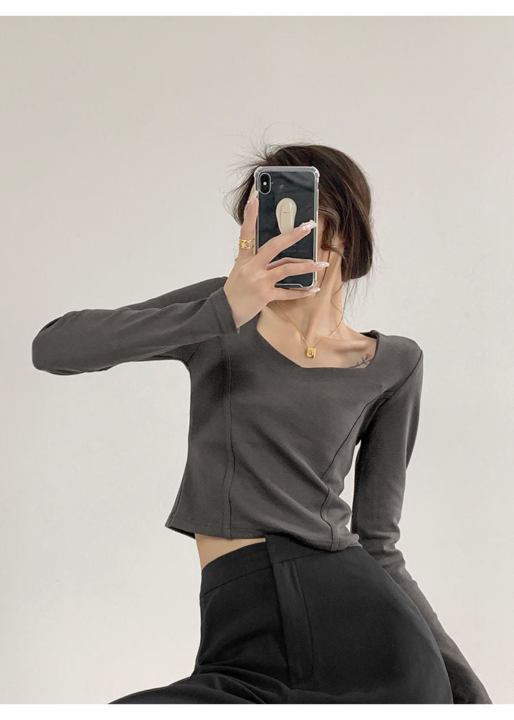 Fishbone Pattern Women's Long Sleeve T-shirt High Waist Slim Square Collar Tops Woman