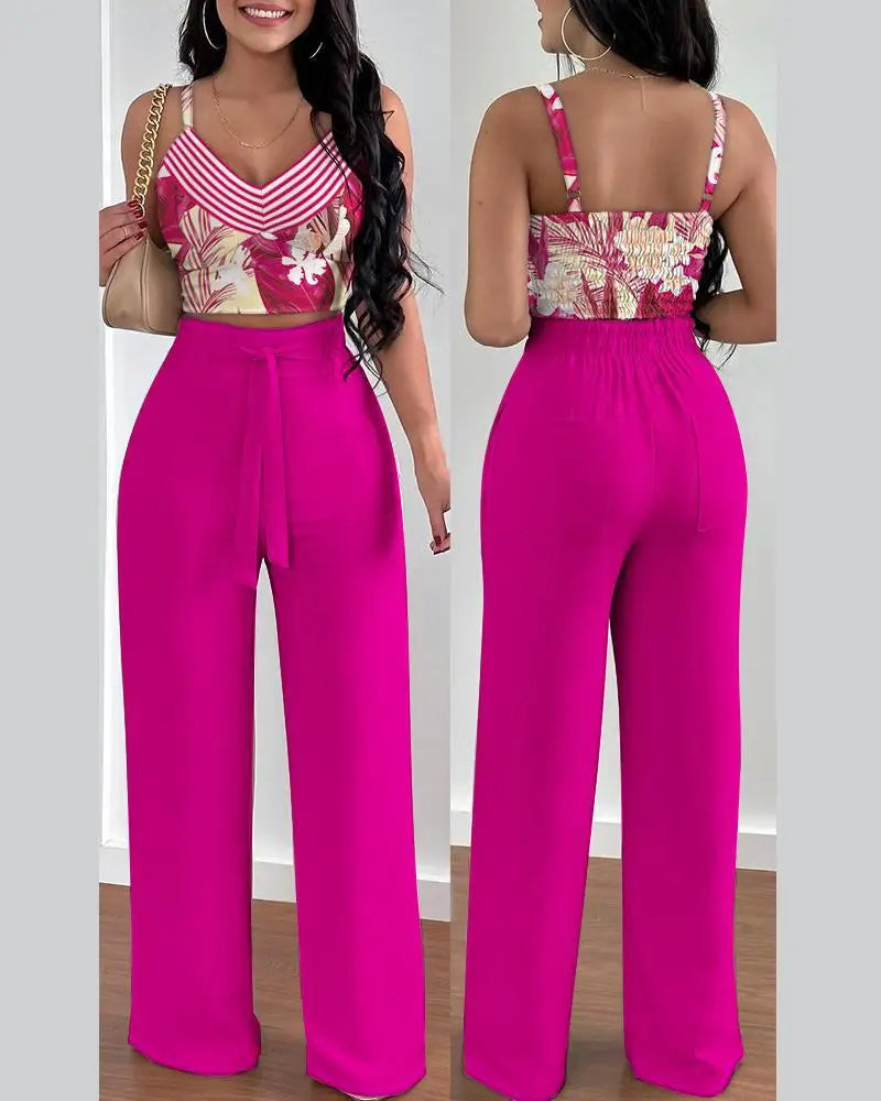 2 Piece Outfits For Women Sexy V-Neck Strap Shirred Slim Crop Top & Lace-up Wide Leg Pants Sets Elegant Office Lady Suit
