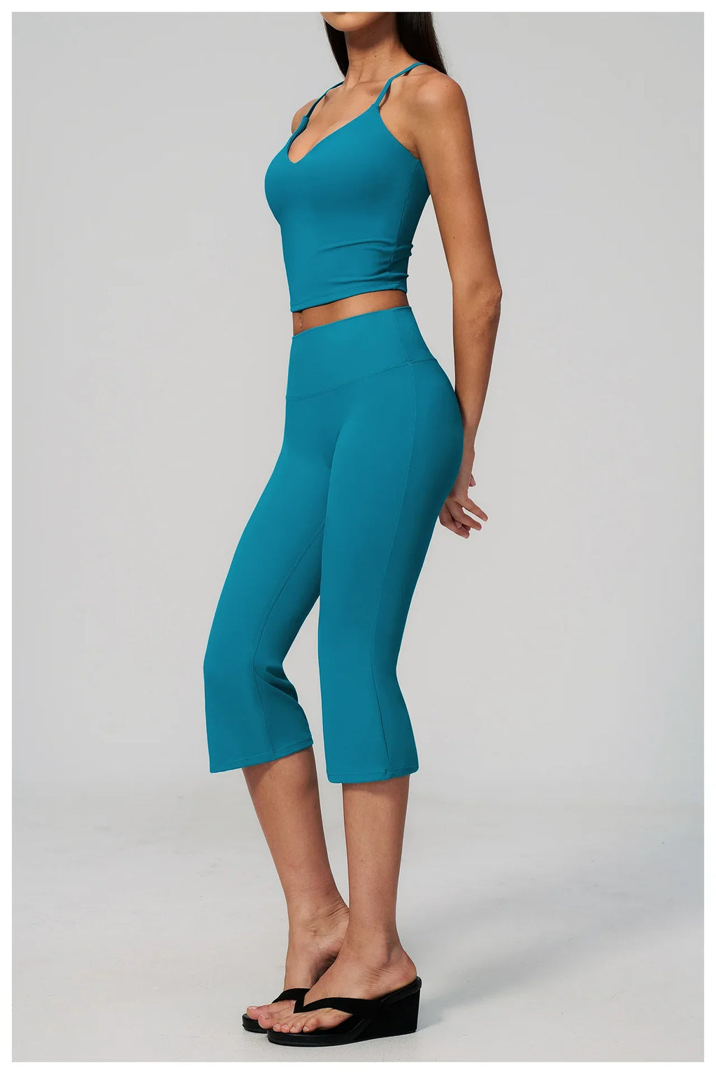 Summer New Yoga Clothing Women Solid V Neck Slim Sports Tank Top Athletic Wear High Waist Butt Lift Mid Pants Gym Fitness Suits