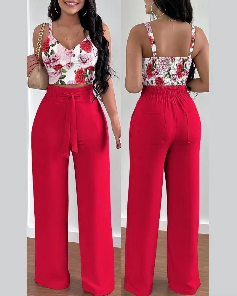 2 Piece Outfits For Women Sexy V-Neck Strap Shirred Slim Crop Top & Lace-up Wide Leg Pants Sets Elegant Office Lady Suit