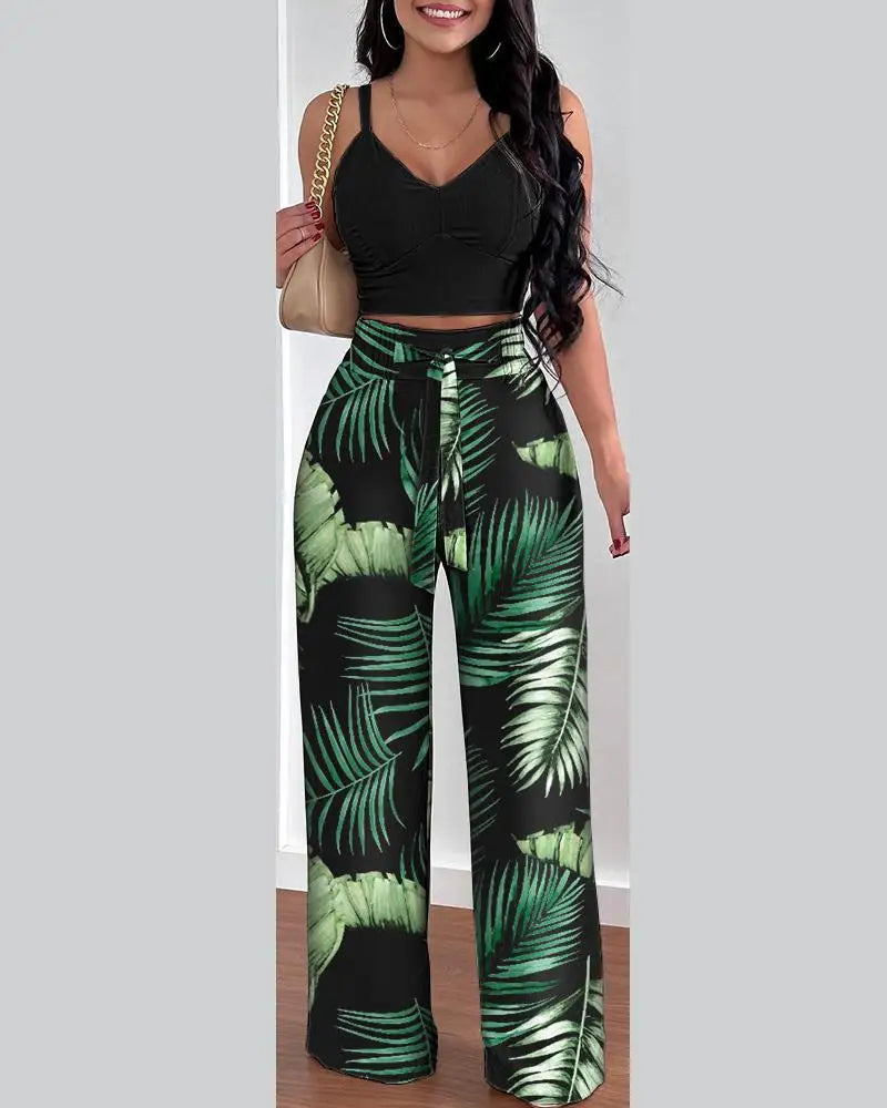 2 Piece Outfits For Women Sexy V-Neck Strap Shirred Slim Crop Top & Lace-up Wide Leg Pants Sets Elegant Office Lady Suit