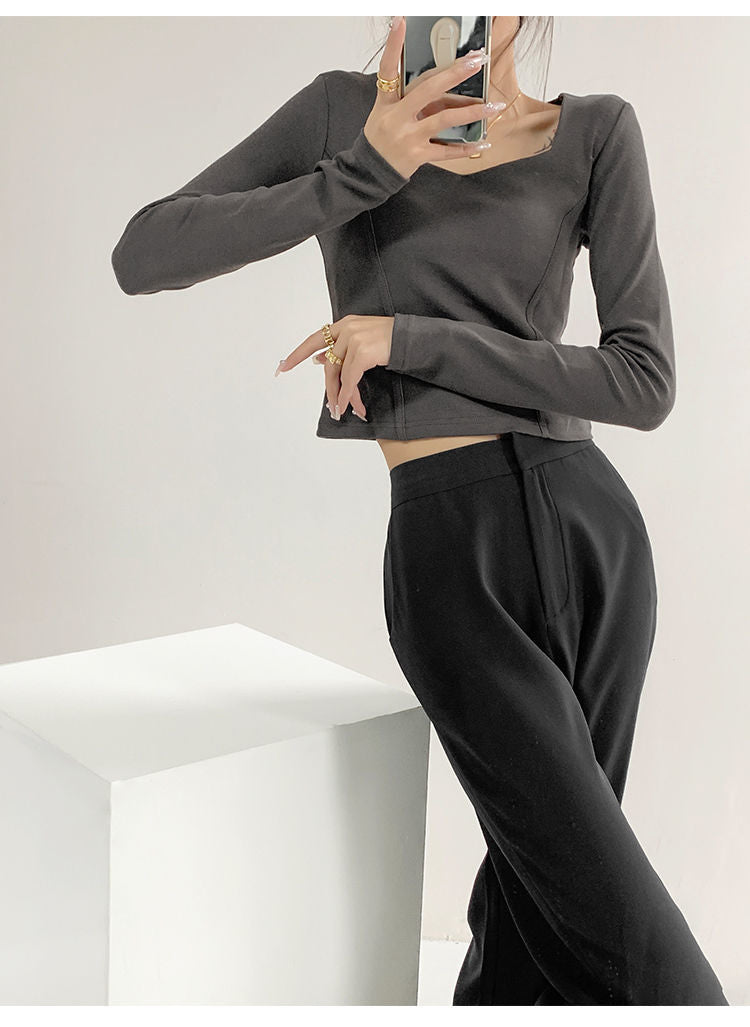 Fishbone Pattern Women's Long Sleeve T-shirt High Waist Slim Square Collar Tops Woman