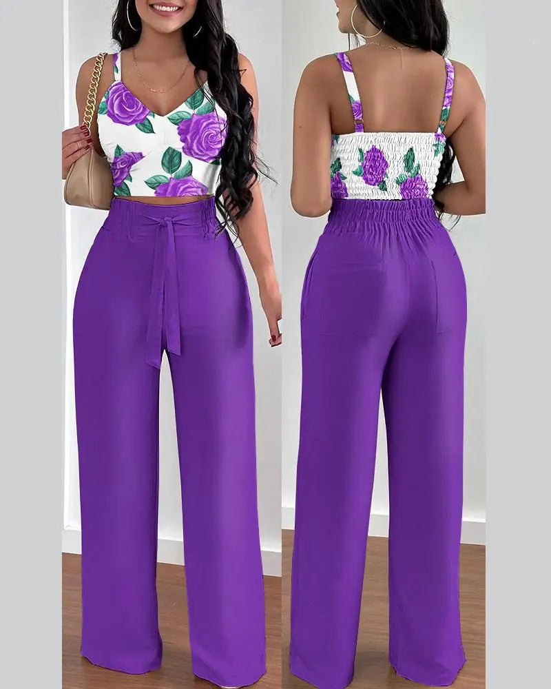 2 Piece Outfits For Women Sexy V-Neck Strap Shirred Slim Crop Top & Lace-up Wide Leg Pants Sets Elegant Office Lady Suit