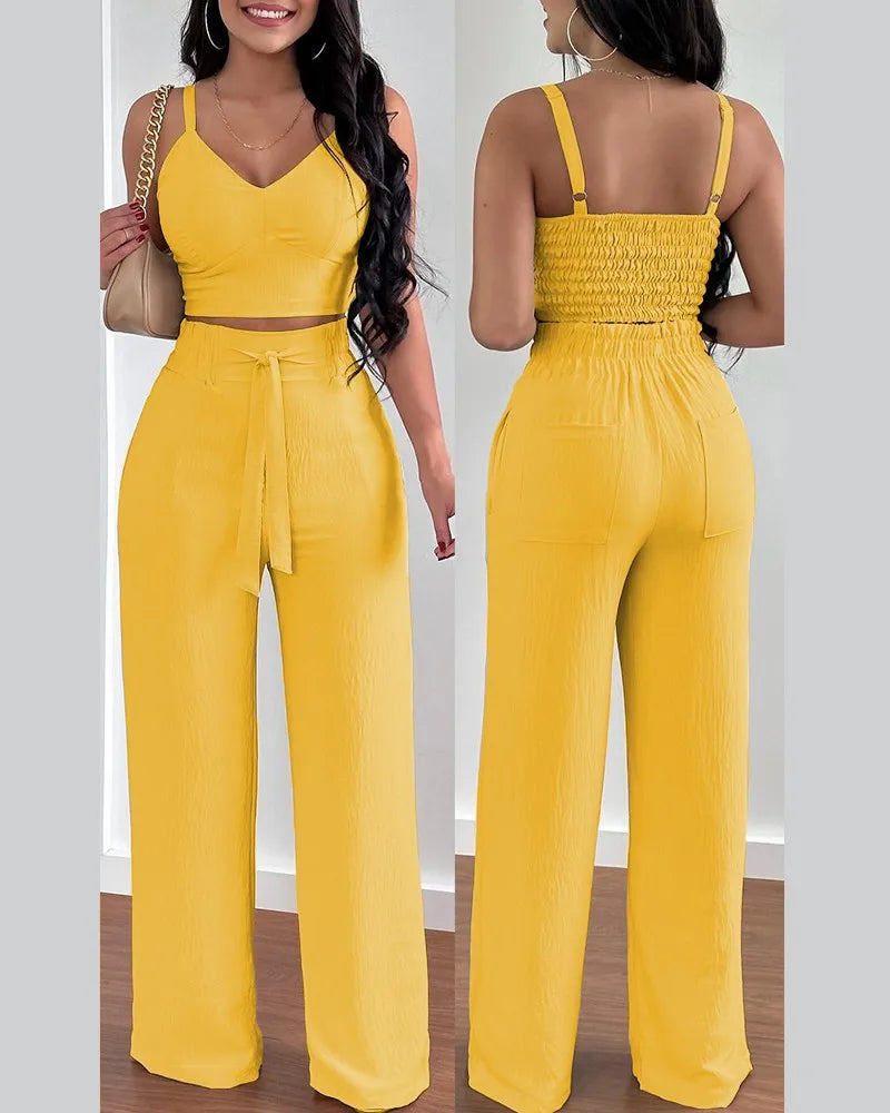 2 Piece Outfits For Women Sexy V-Neck Strap Shirred Slim Crop Top & Lace-up Wide Leg Pants Sets Elegant Office Lady Suit