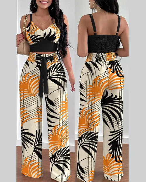 2 Piece Outfits For Women Sexy V-Neck Strap Shirred Slim Crop Top & Lace-up Wide Leg Pants Sets Elegant Office Lady Suit