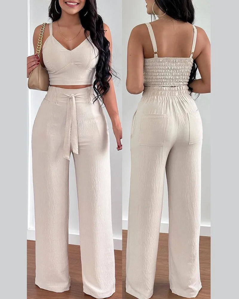 2 Piece Outfits For Women Sexy V-Neck Strap Shirred Slim Crop Top & Lace-up Wide Leg Pants Sets Elegant Office Lady Suit