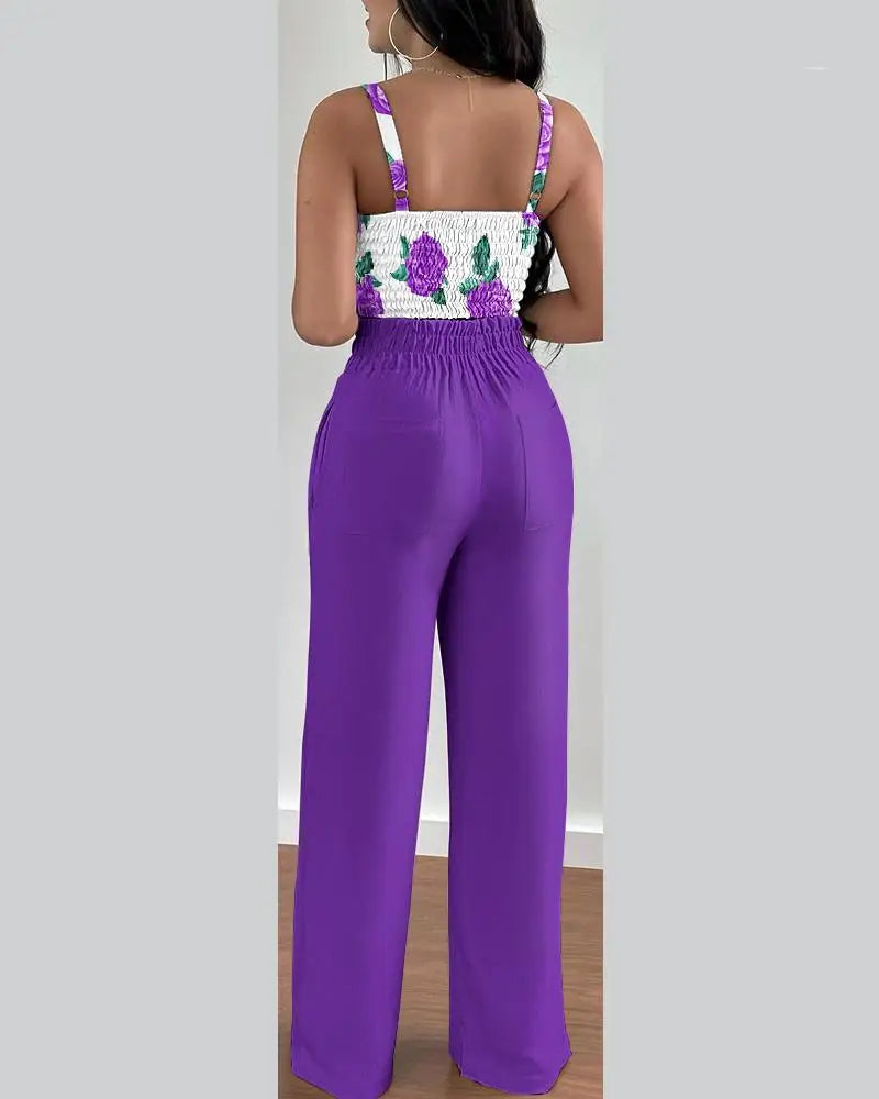 2 Piece Outfits For Women Sexy V-Neck Strap Shirred Slim Crop Top & Lace-up Wide Leg Pants Sets Elegant Office Lady Suit
