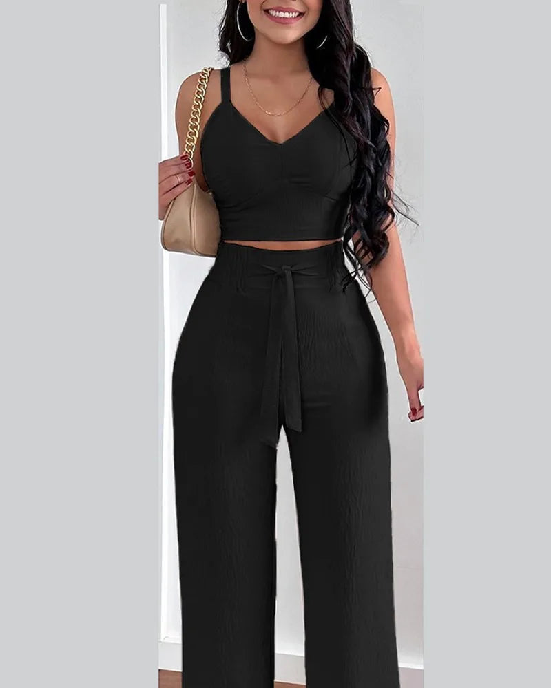 2 Piece Outfits For Women Sexy V-Neck Strap Shirred Slim Crop Top & Lace-up Wide Leg Pants Sets Elegant Office Lady Suit