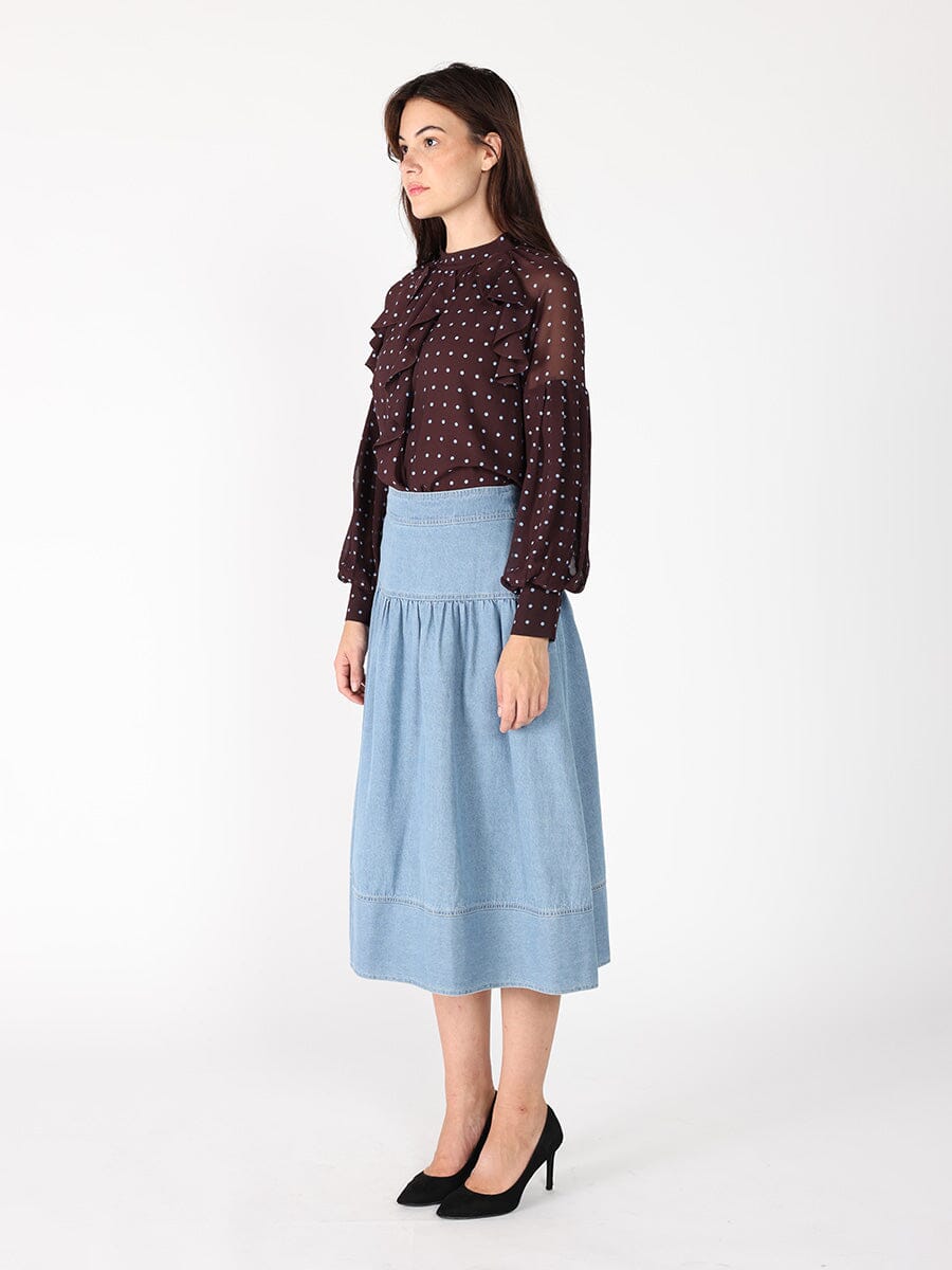 Gracia Fashion Women's Front ruffle detailed balloon sleeve dot print