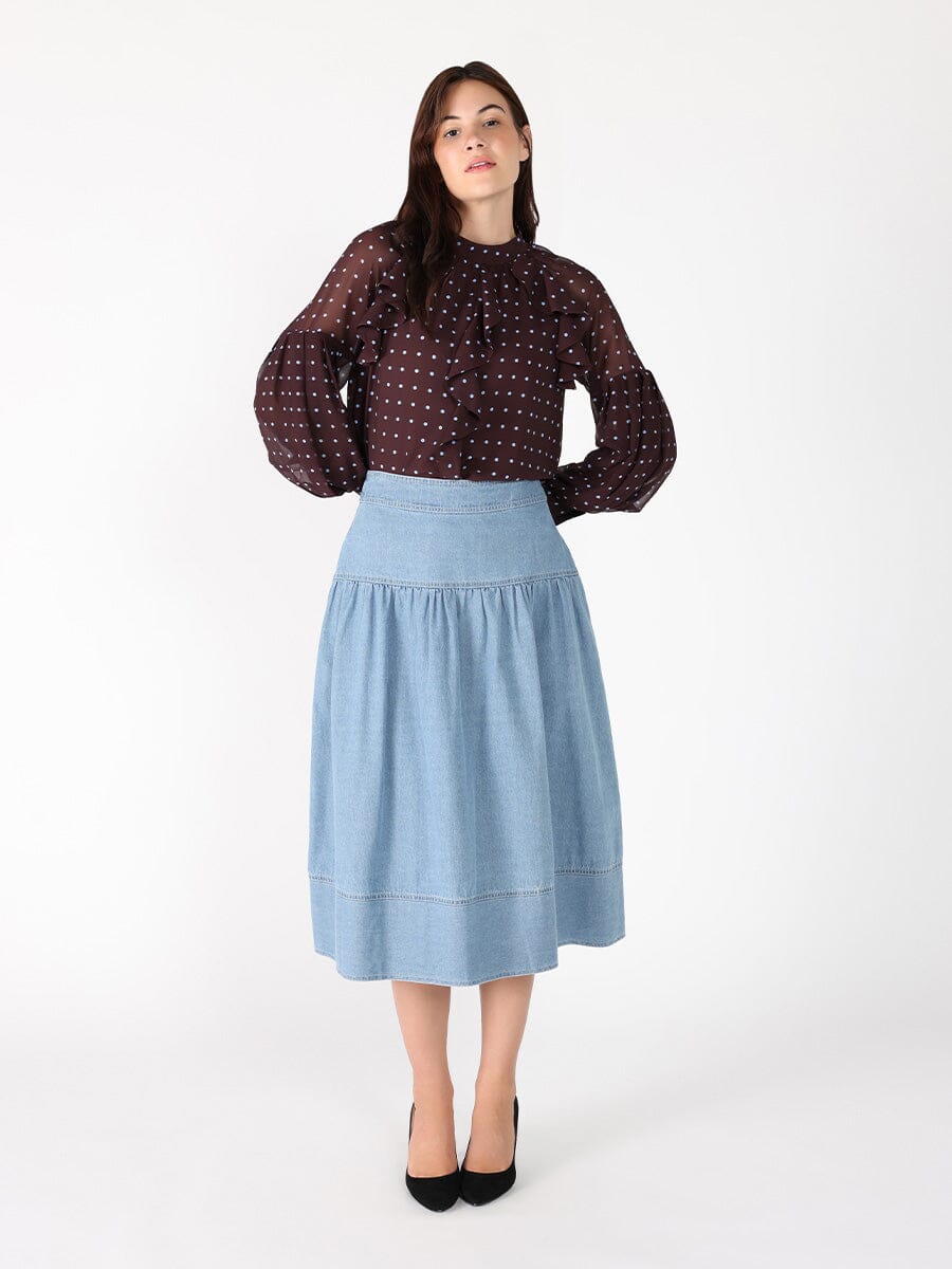 Gracia Fashion Women's Front ruffle detailed balloon sleeve dot print