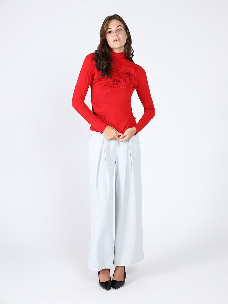 Gracia Fashion Women's Long Sleeve Mock Neck Flower Applique Top
