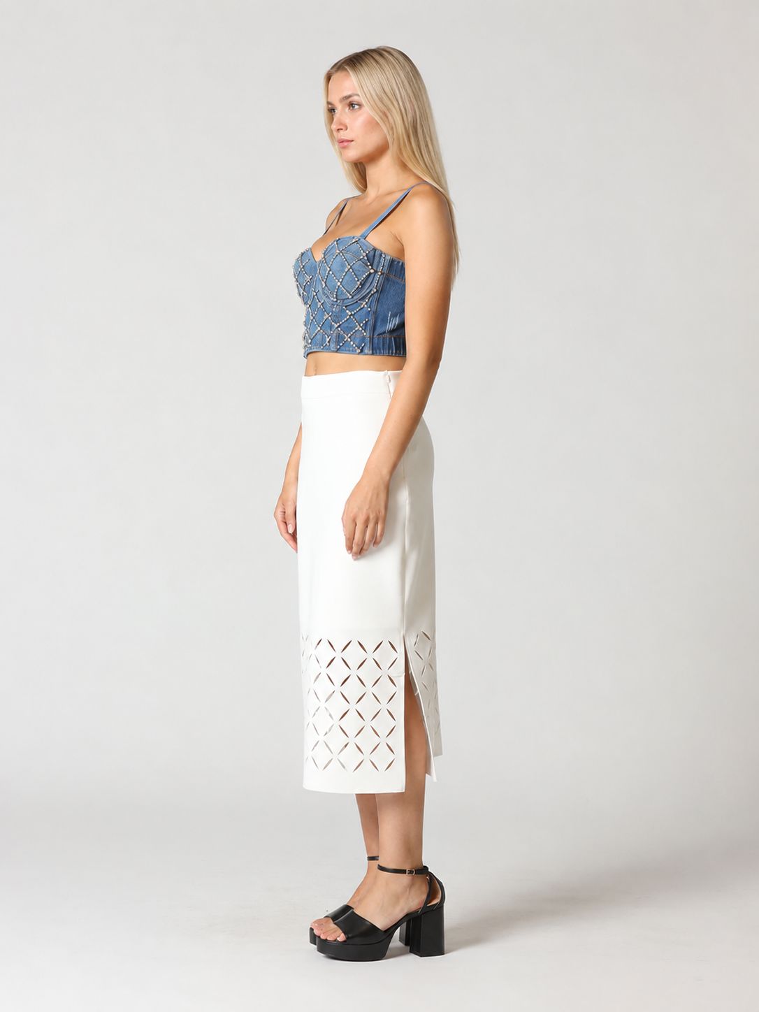 Gracia Fashion Women's Rhinestone Embellished Denim Bustier Top