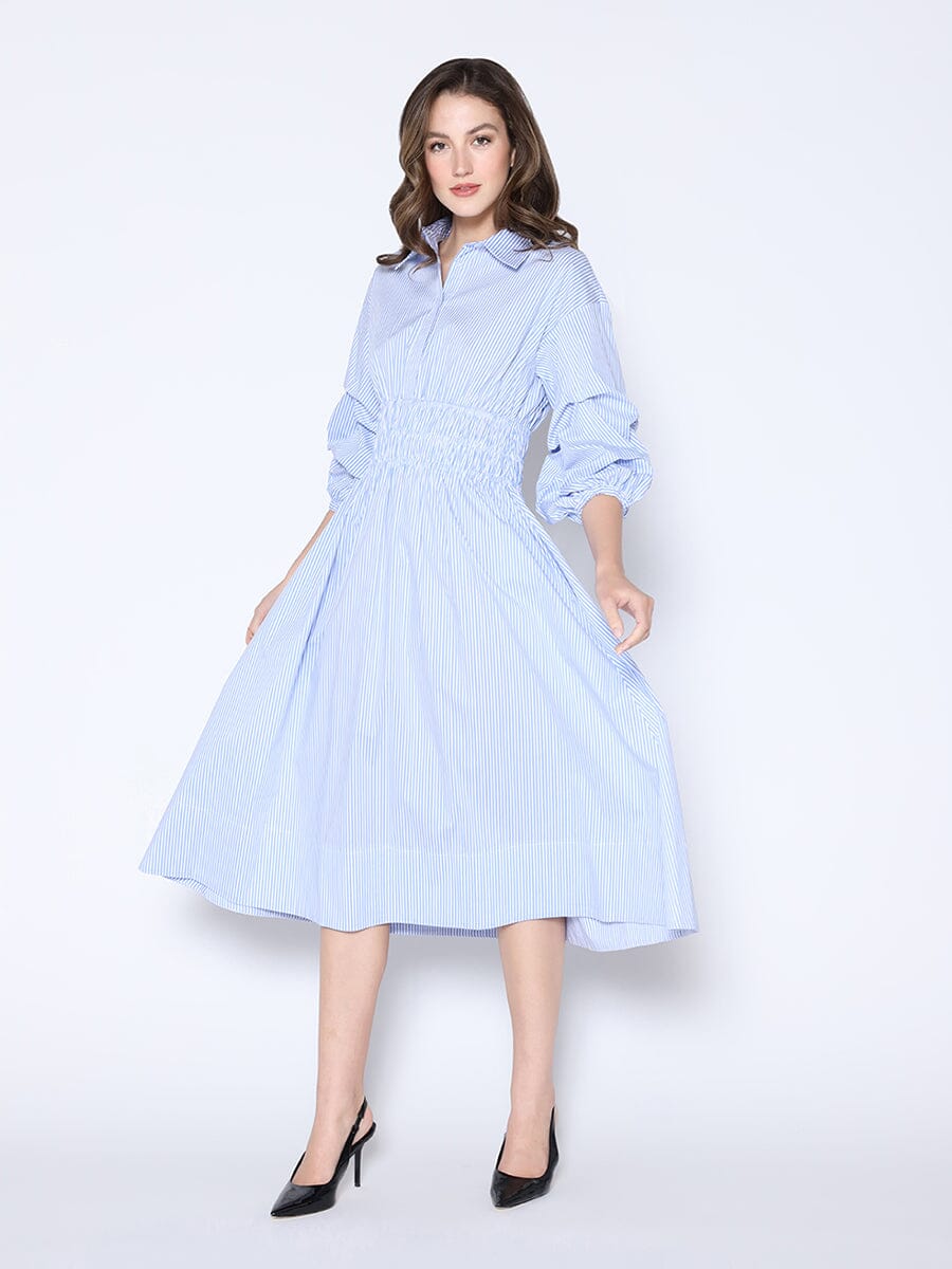 Gracia Fashion Women's Shirred Waist Puff Sleeve Stripe Cotton Dress